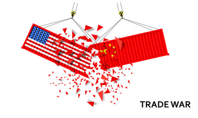 Container US of America crashed Container China trade war concept. US of America and chinese flags containers .