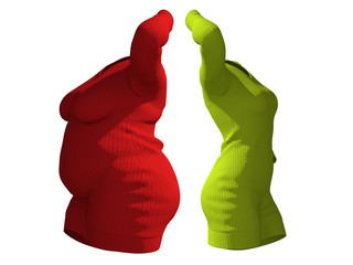 Conceptual fat overweight obese female sweater dress vs slim fit healthy body after weight loss or diet thin young woman isolated. A fitness, nutrition or fatness obesity health shape 3D illustration