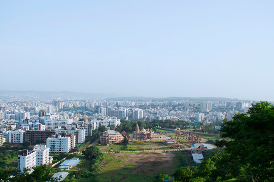 Swaminarayan temple aerial view from the hill, Pune, Maharashtra, India.