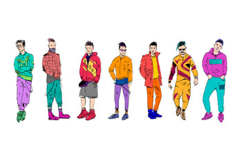 Fototapeta premium Different fashion people set. Modern clothes. Template sketch vector illustration. 