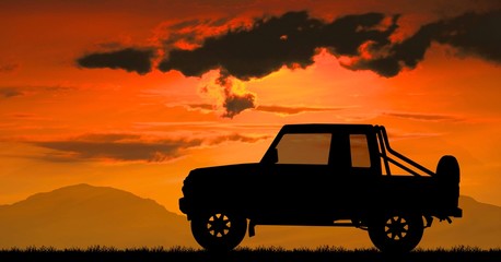 silhouette car on sunset background.