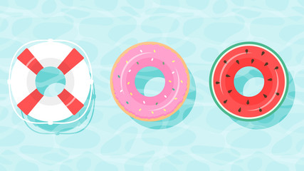 Lifebuoy icon set. Rings for swimming. Flat cartoon style. float rubber ring for children and adults, pool blue water, aqua textured background. Color swim rings icon set watermelon, donut, lifebuoy