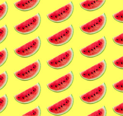 Flat lay composition with slices and seeds of watermelon on color background