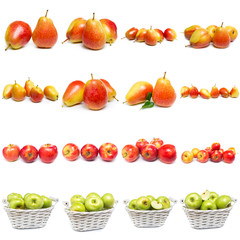 Red apple fruits on white. Pattern with apples flat lay. Camera above the background