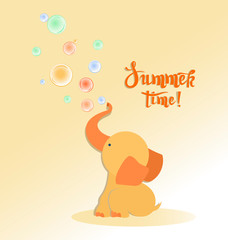 Little baby elephant with soap bubbles. Summer time. Cute baby elephant playing on a fine summer day. Children's poster with the inscription.