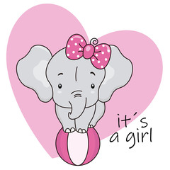 Cute elephant on top of a ball. Baby girl shower card. 