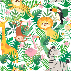 Seamless pattern with cute wild animal in jungle. Tropical pattern with lion, tiger,  monkey, zebra, toucan and giraffe. Vector illustration