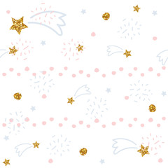 Seamless pattern with gold glitter stars and abstract doodle elements. Pastel cute print. Vector hand drawn illustration.
