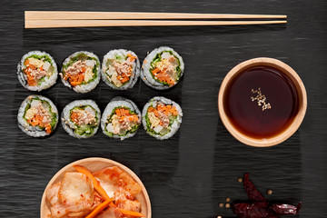 Korean roll Gimbap(kimbob) made from steamed white rice (bap) and various other ingredients