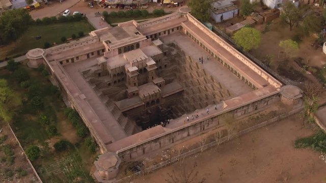 Chand Baori stepp well, Abhaneri, India, 4k aerial drone footage