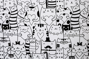 Arrière plan noir et blanc avec motif chats mignons