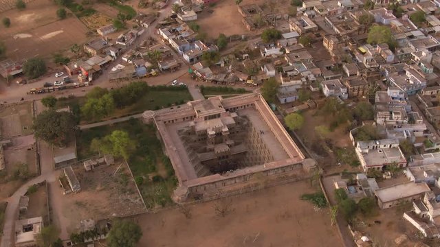Chand Baori stepp well, Abhaneri, India, 4k aerial drone footage
