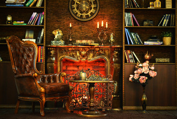 Brown leather chair and table in library at home