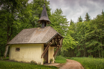.Chapel on a walkway in the Black Forest forest.