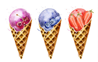 Ice cream cones Vector watercolor. Sweet colorful summer desserts