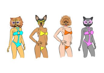 Fashion women models with animal heads in swimsuits set. Modern clothes. Template sketch vector illustration. 