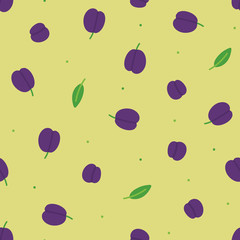 Vector seamless pattern background with fresh plums, leaves and dots.