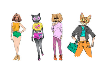 Different fashion models with animal heads set. Modern clothes. Template sketch vector illustration. 