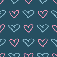 Seamless pattern with hearts drawn by hand with watercolor brush. Grunge, sketch, paint.