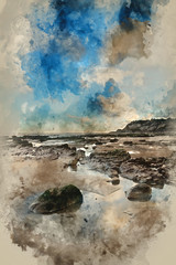 Watercolour painting of Summer landscape with rocks on beach during late evening and low sunlight