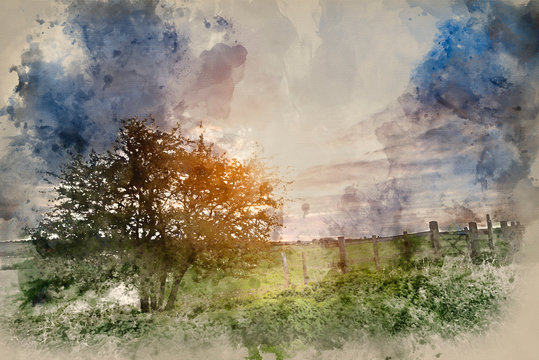 Watercolour painting of Beautiful English countryside landscape over fields at sunset