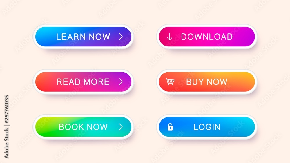 Poster Set of abstract modern web buttons. Ready template of vector buttons of different colors for web design isolated on light background.