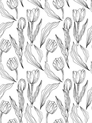 Tulip engraved ink art seamless pattern