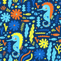 Sea life seamless pattern with sea horse, fish and water plant. Vector illustration. Wrapping. Surface decoration.