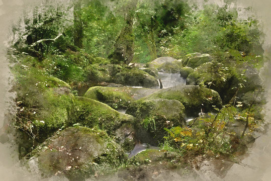 Watercolour painting of Landscape of Becky Falls waterfall in Dartmoor National Park England