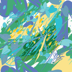 Military camouflage texture with trees, branches, grass and watercolor stains. Vector illustration. Camouflage military background in modern style.