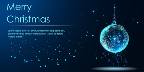 Low polygon Christmas ball wireframe mesh on dark blue background. Low poly wireframe style. Vector	