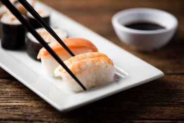 Traditional Japanese sushi on a plate