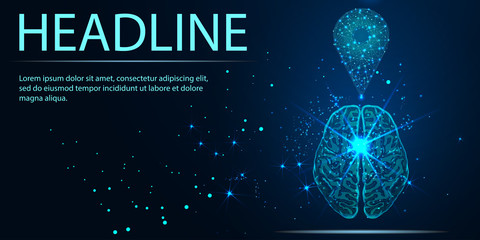 Fototapeta premium Zoom Pin and human brain, Banner. Abstract image of a starry sky or space, consisting of points, lines, n the form of stars and the universe. Low poly vector