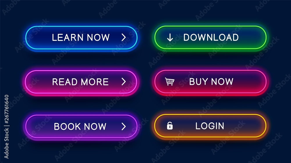 Poster Trendy, glowing, neon buttons for web design. Bright, abstract, vector, neon buttons isolated on dark background. Ready design for use in web direction.