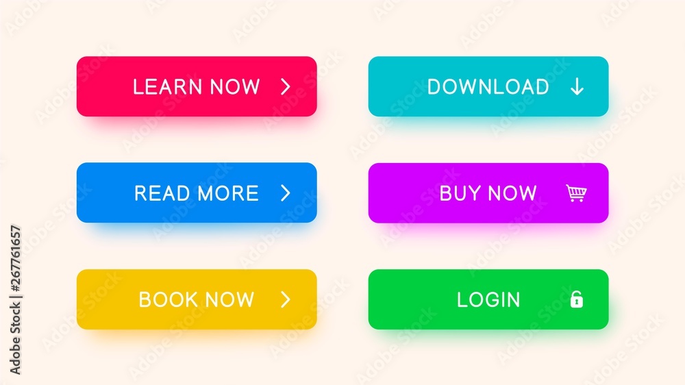 Poster Set of Push buttons for UI or WEB design with colored glowed shadows.