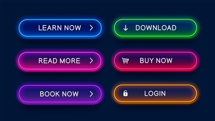 Trendy, glowing, neon buttons for web design. Bright, abstract, vector, neon buttons isolated on dark background. Ready design for use in web direction.