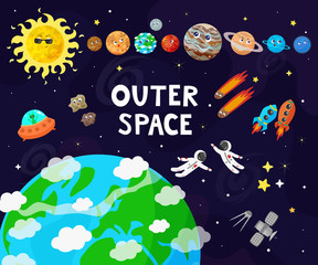 Vector illustration of space, universe. Cute cartoon planets, asteroids, comet, rockets.