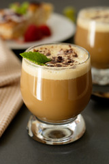 Coffee cold drink with vanilla ice cream and espresso. Deliciouse summer refreshing drink in glass.