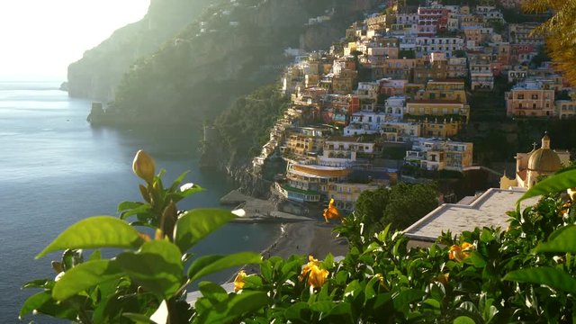Steadicam shot of beautiful colorful houses on Amalfi coast in Positano village in Campania, Italy. 4K
