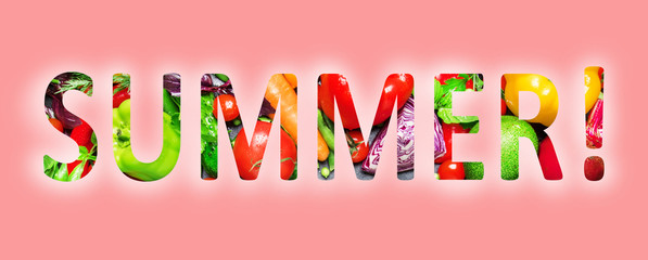 Summer, multi-colored text cut out of vegetables photo, the inscription on pink background