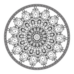 Baroque vector black and white round mandala pattern. Ornamental floral  background with circle greek frame.  Vintage flowers, leaves. Greek key meanders mandala ornament. Geometric ornate design