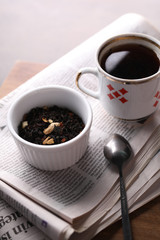 Cup of tea. Hot tea, warming aromatic drink. 