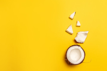 Coconut cosmetic products. Flat lay, top view, square