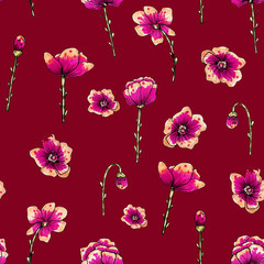 Seamless pattern of flowers. Print for fabric and other surfaces. Flowers drawn by hand. Abstract seamless pattern on cherry background.