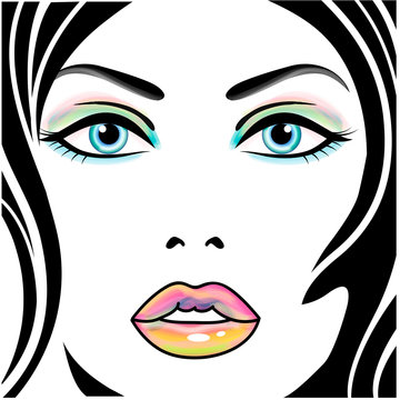 Woman portrait with multicolor makeup. Vector illustration.
