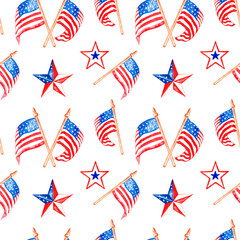 Patriotic decorative red, white and blue seamless pattern with US flags and stars.