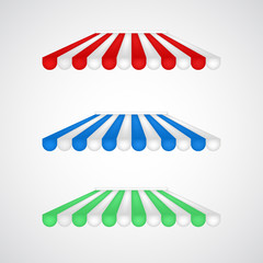 Striped awning vector for stores, restaurants, cafe advertising posters and banners isolated on white. Front shop representation, typical vitrine three dimensional element. Fabric tent installation.