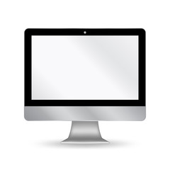 Computer monitor isolated on white. Mock up for graphic design, advertising, photo frame. Metallic glow style equipment for designers. Elegant, minimalistic flat screen for posters, ads, presentations