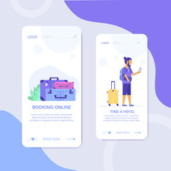 Young man with laptop, bag and baggage. Travel and tourism concept for website template, online booking reservation, landing page, banner