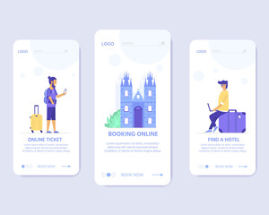 Young man with laptop, bag and baggage. Travel and tourism concept for website template, online booking